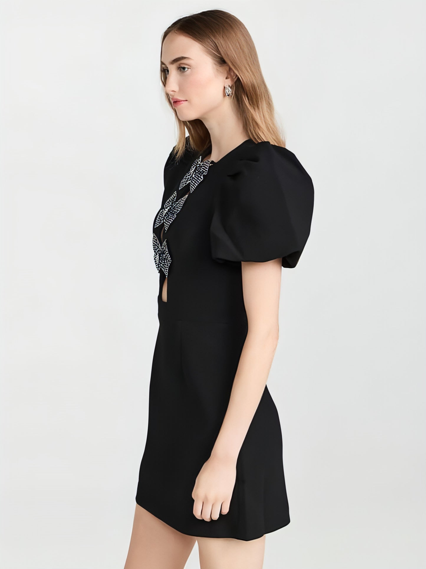 A1. Tube Top Three Bowknot Connection Hollowed Fashion Puff Sleeve Sheath Bandage One-piece Dress