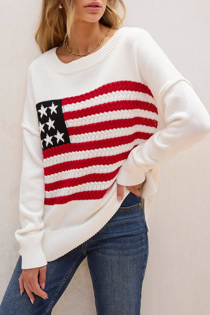 Hvit American Flag Cable Knit Drop Shoulder Genser