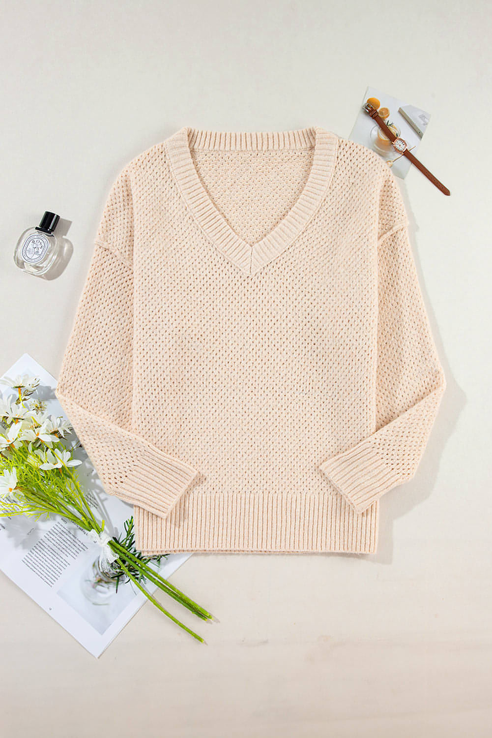 Pergament Loose Eyelet V Neck Drop Schulterpullover