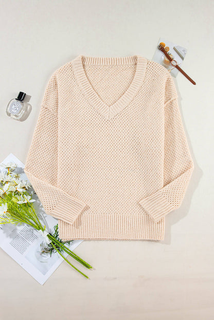 Pergament Loose Eyelet V Neck Drop Schulterpullover