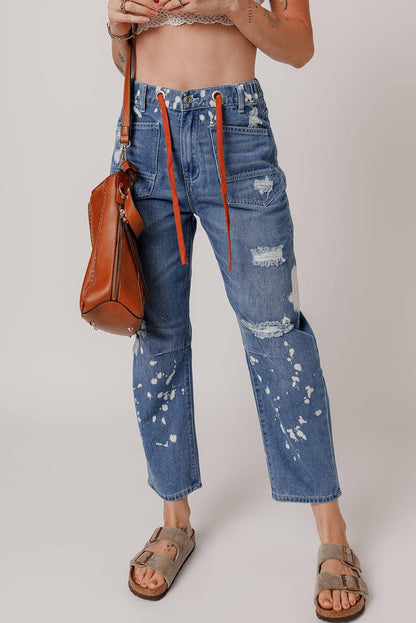 Ashleigh Blue Ripped Splattering Paint Rope Waist Cropped Straight Jeans