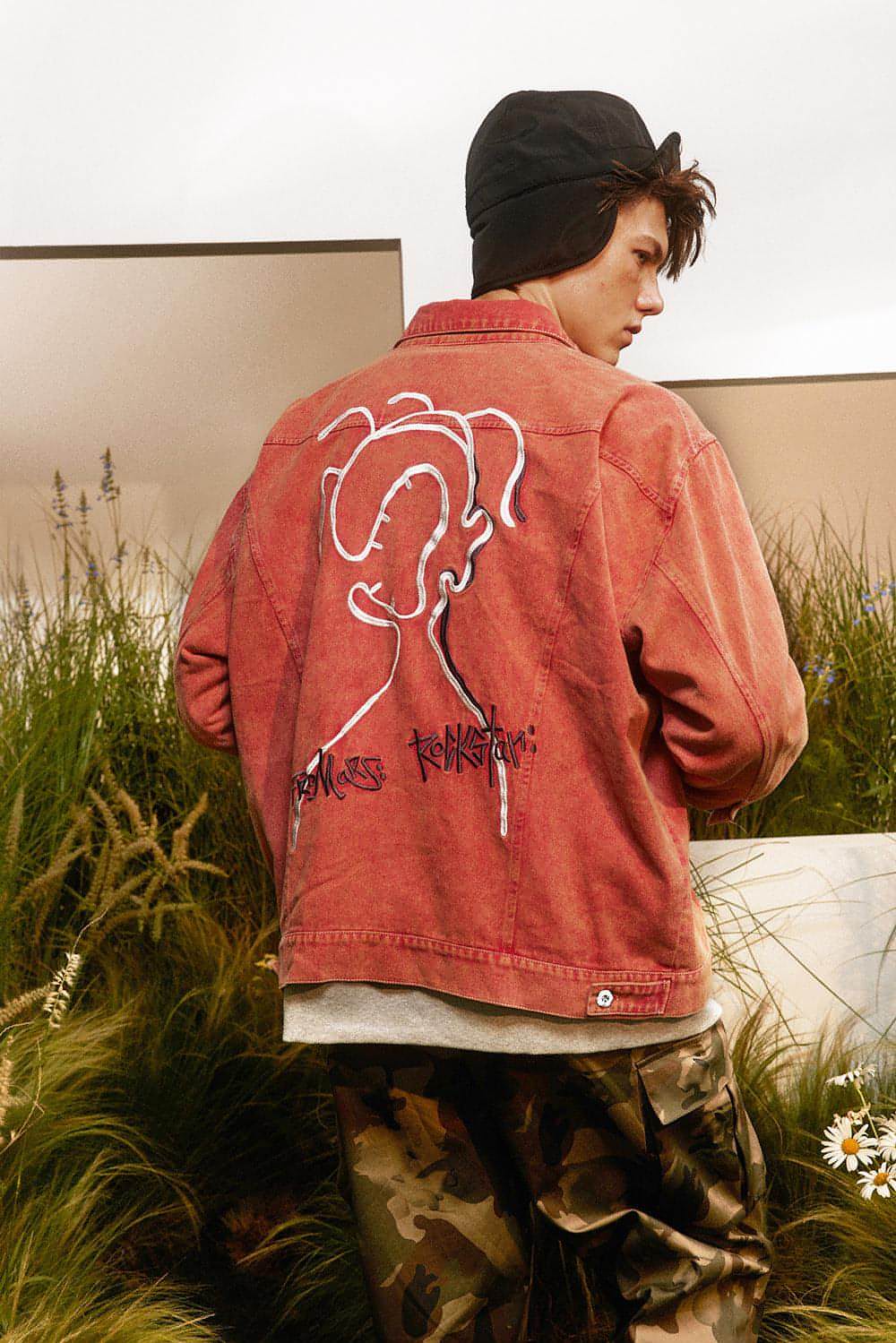 Abstract Embroidered Washed Denim Jacket