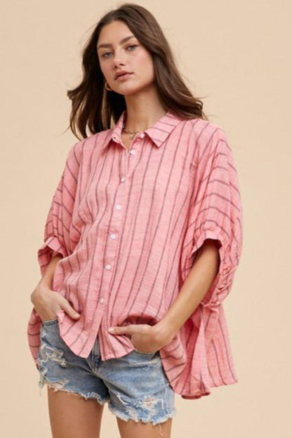 Annie Wear Striped Button Up Half Sleeve Shirt