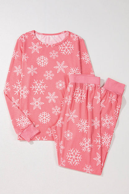 Roze kerstsneeuwvlok print tweedelige loungewear