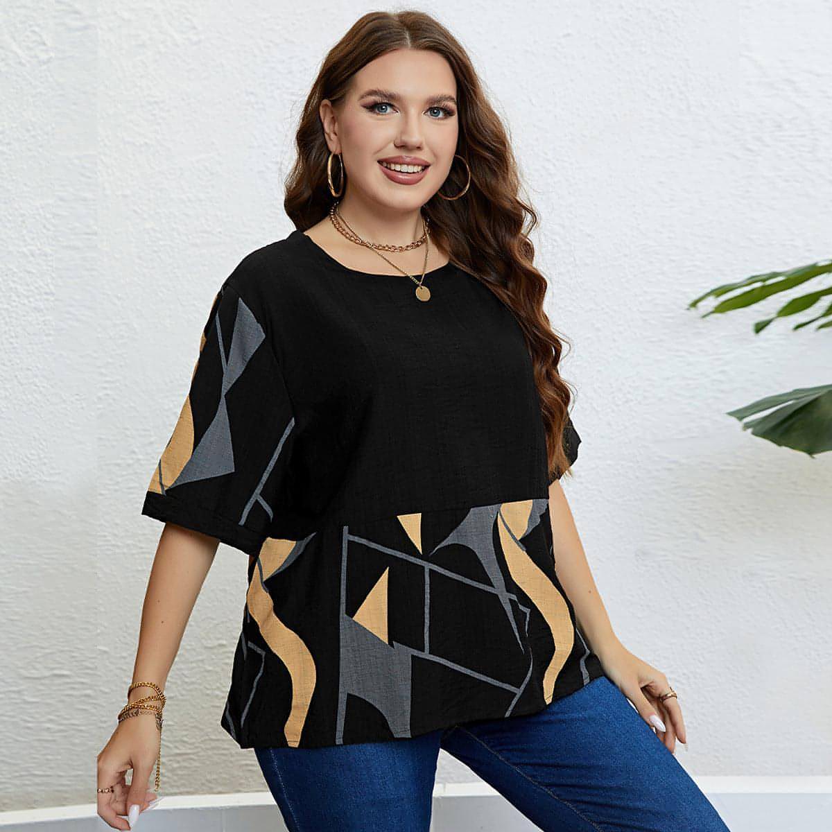 Round Neck Art Printed Top Loose Casual Women T-shirt