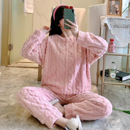 Thick Fleece Pajamas Women's Thermal Round-neck Flannel Homewear Suit