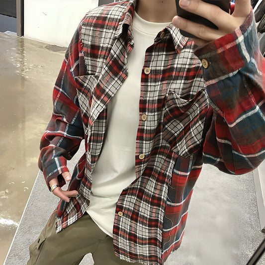 Patchwork Red Plaid DressShirt For Men