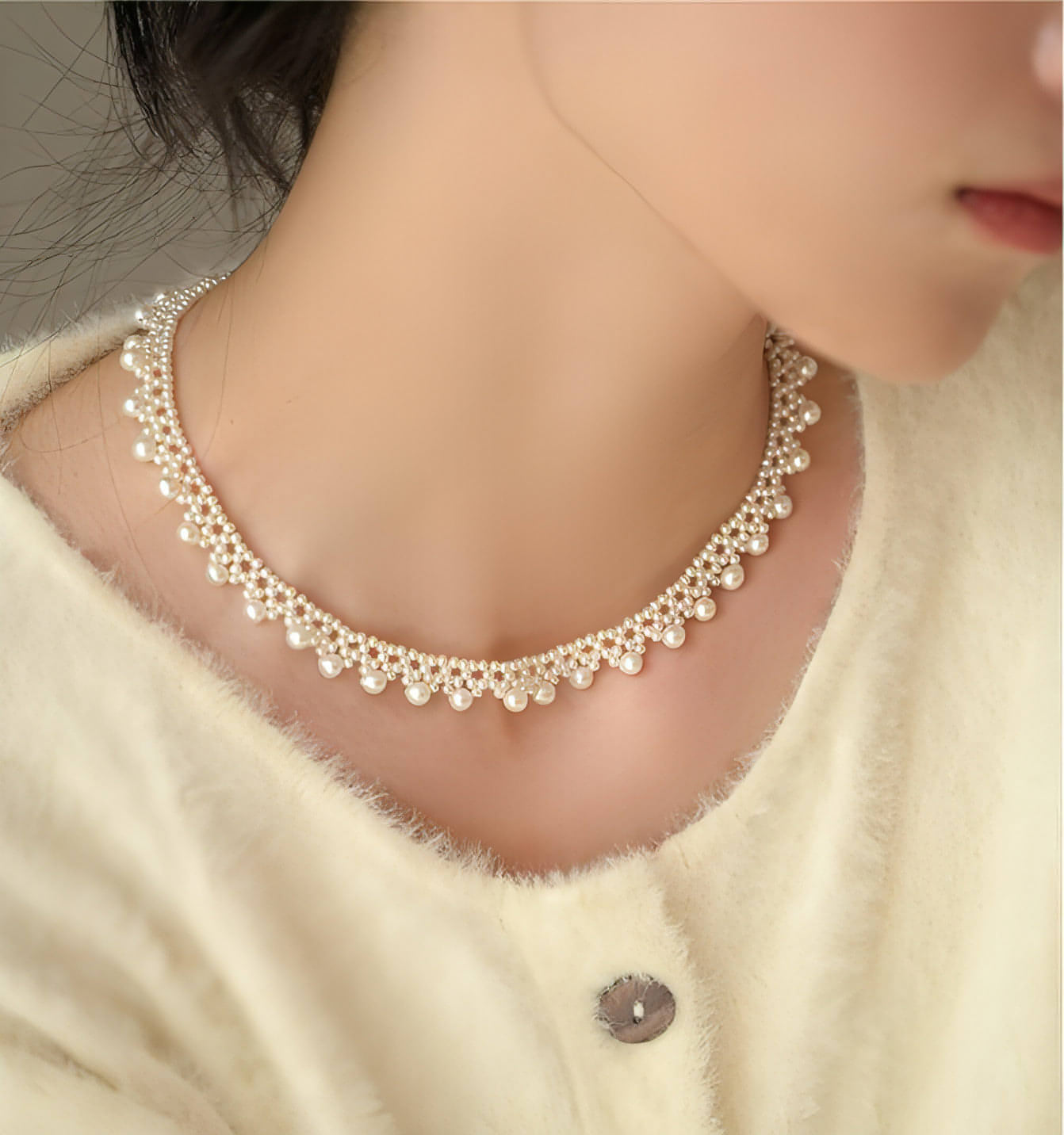 Vintage Pearl Choker with Gold Lace Accents