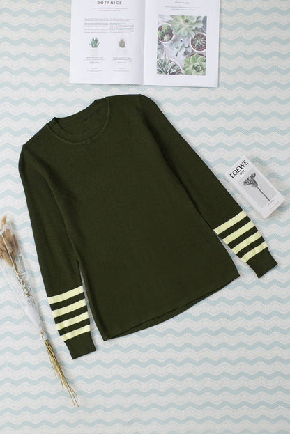 Groene gestreepte mouw Plain Knit Sweater