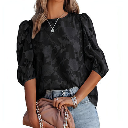 Women's Puff Sleeve Chiffon Loose Top Flower Texture T-Shirt