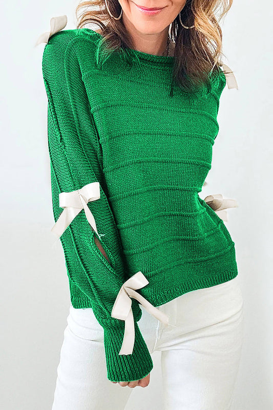 Bright Green Bow Knot Cut Out Round Neck Loose Sweater