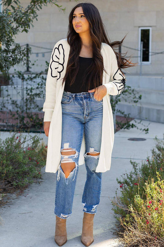 Beige Flower Brodered Drop Shoulder Open Front Duster Cardigan