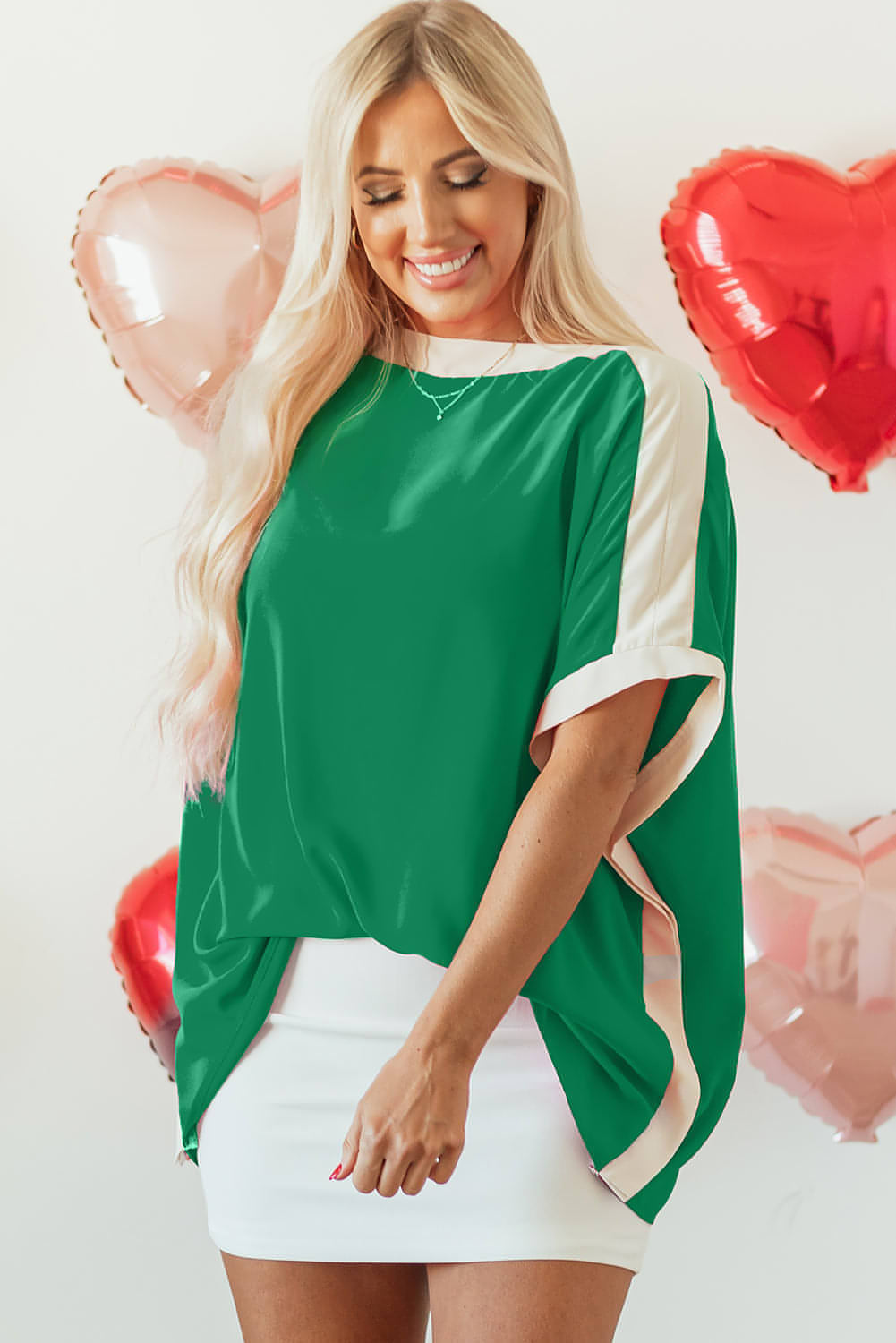 Green Oversized Color Block Boat Neck Tunic Blouse