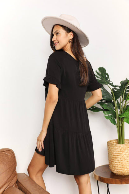 Mandy V-Neck Flounce Sleeve Steiled Dress