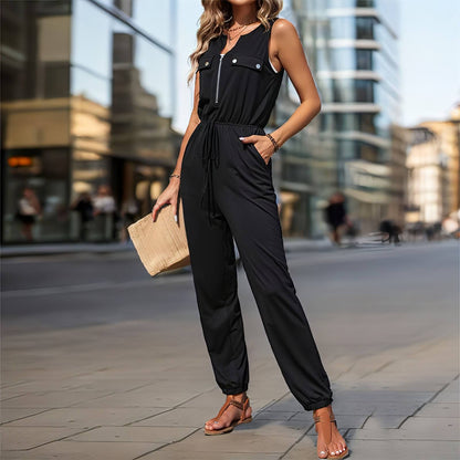 Women's Black Sleeveless Long Jumpsuit