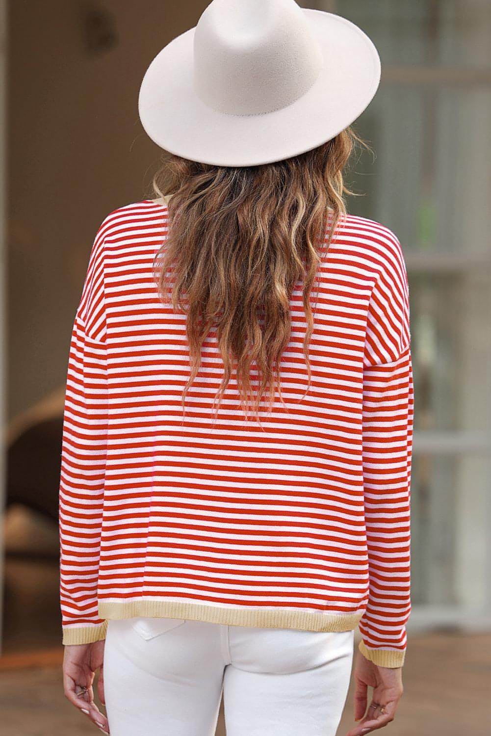 Fiery Red Contrast Trimmed Striped Drop Shoulder Sweater