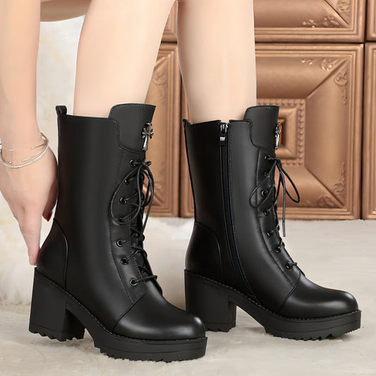 Leather lace-up  boots with zipper women