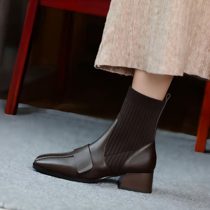 Large Brown Square Toe Mid-heel Soft Leather Shoes