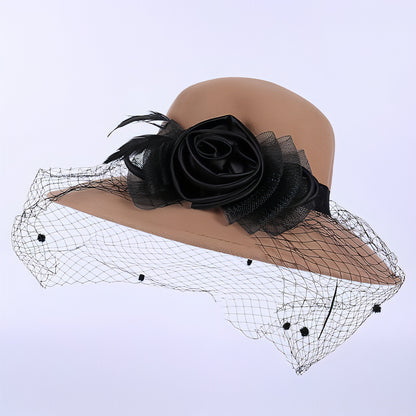 Pure Wool Ladies Banquet Lace Mesh Flower Big Brim Fisherman Hat