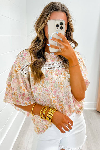 Multicolor Floral Print Wide Ruffle Blouse