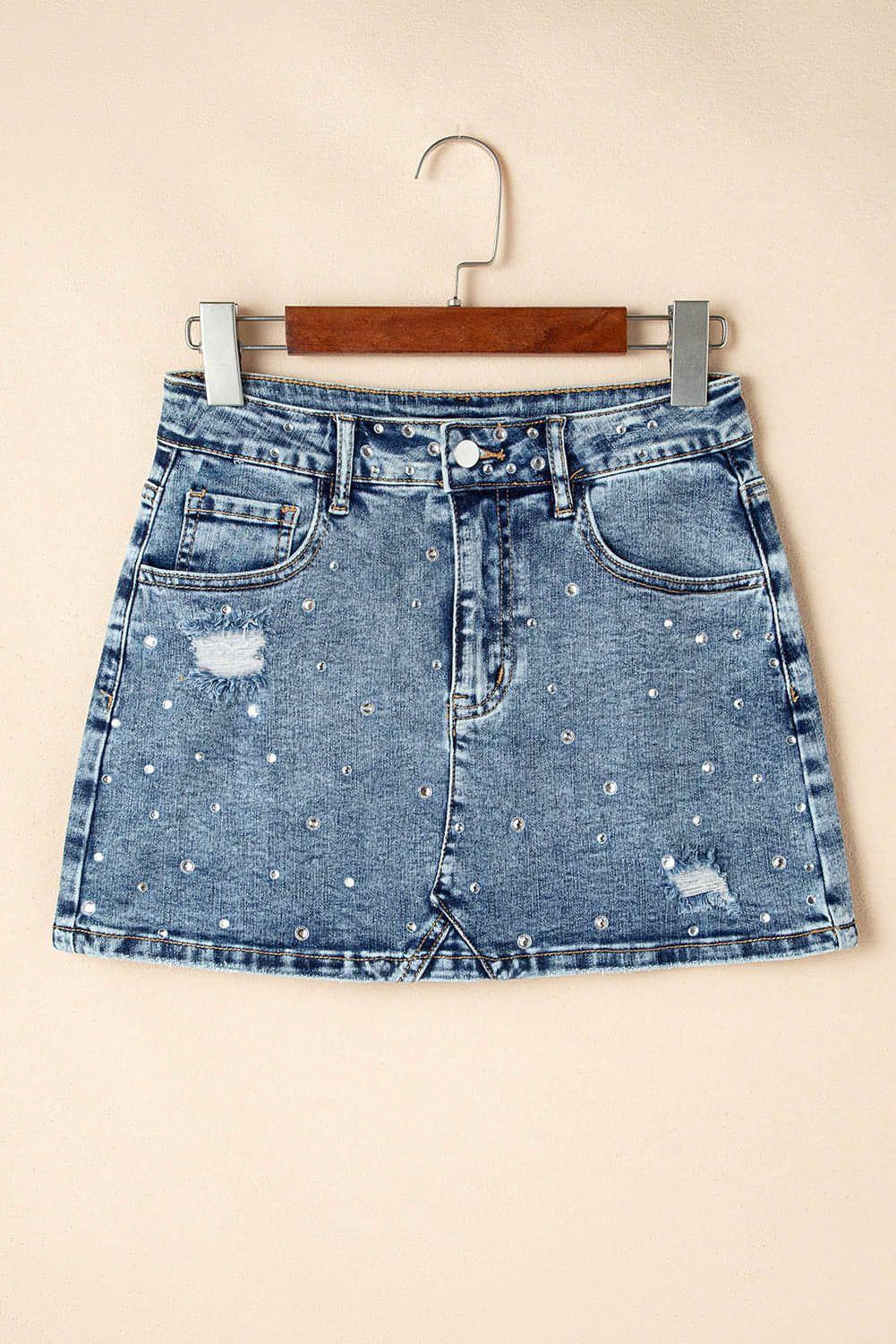 Dusk Blue Rhinestone Distressed Denim High midje minikjol