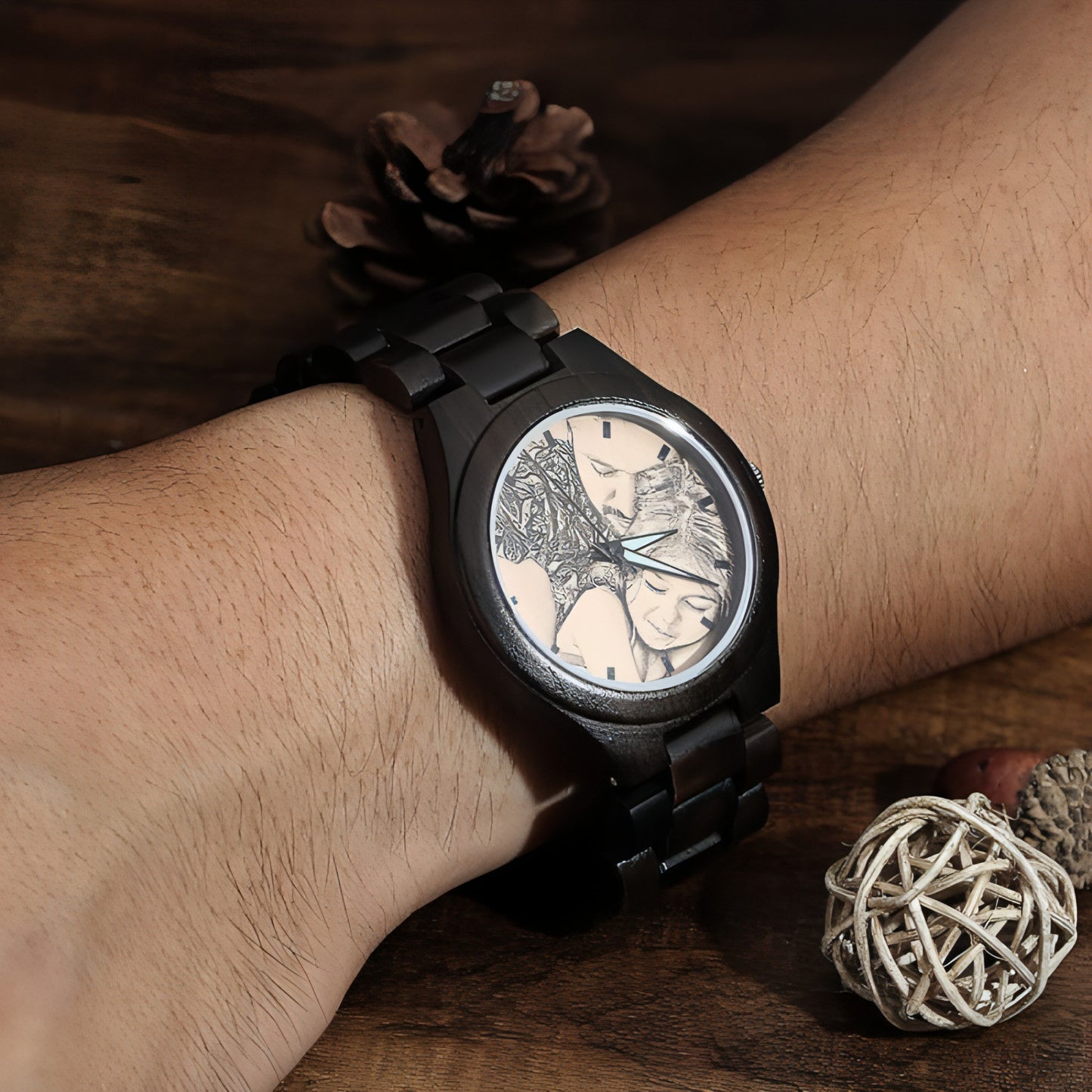 Men’s Engraved Wooden Photo Watch – 45mm with Wooden Strap