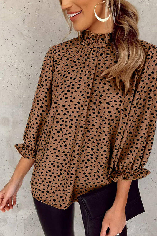 Bruine Cheetah-blouse met 3/4 mouwen en ruches