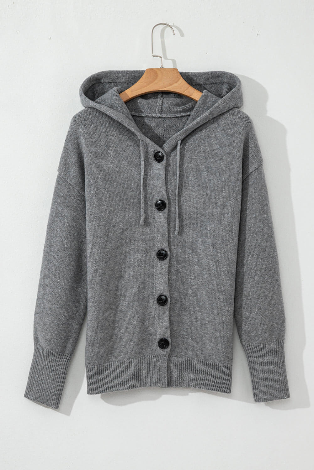 Medium grå snøring Hette Button Up Drop Shoulder Genser Cardigan