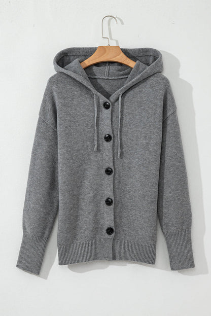 Medium Grey Drawstring Hooded Button Up Drop Shoulder Sweater Cardigan