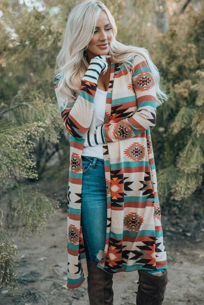 Multicolor Geometric Color Block Open Front Long Cardigan