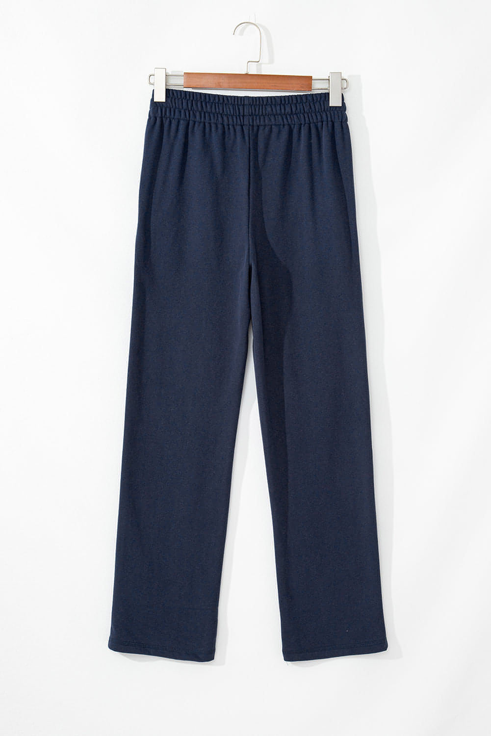 Navy Blue Solid Color Fleece Lined Drawstring Waist Casual Pants