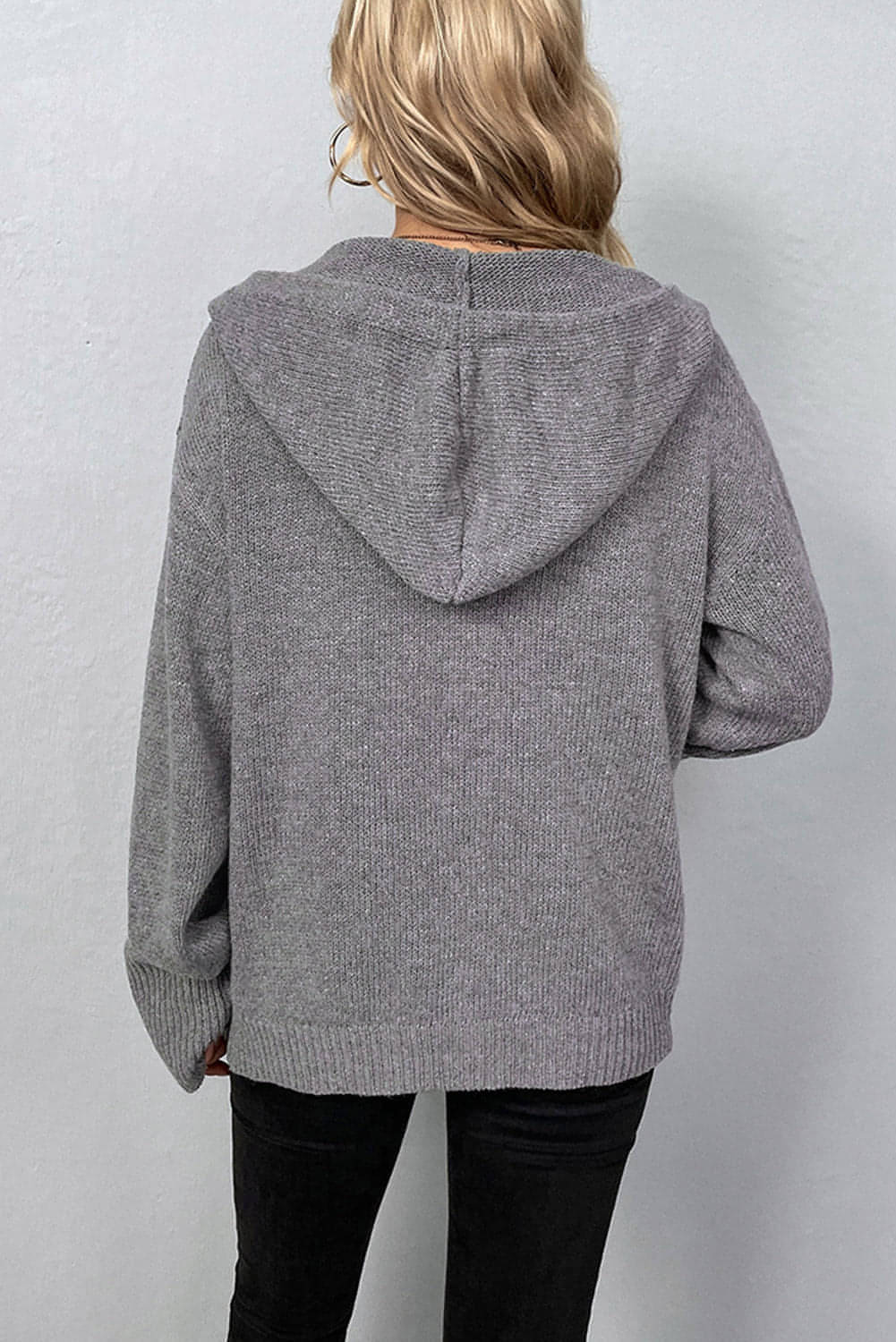 Medium grå snøring Hette Button Up Drop Shoulder Genser Cardigan