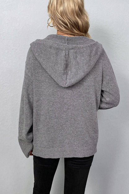 Medium Grey Drawstring Hooded Button Up Drop Shoulder Sweater Cardigan