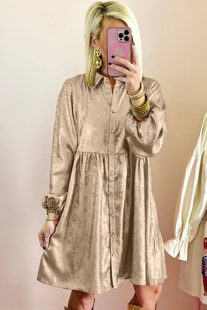 Apricot Metallic Sheen manga de puff button up Mini Shirt Dress