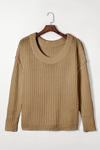 Khaki Ribbed Knit Round Neck Slouchy Chunky Sweater