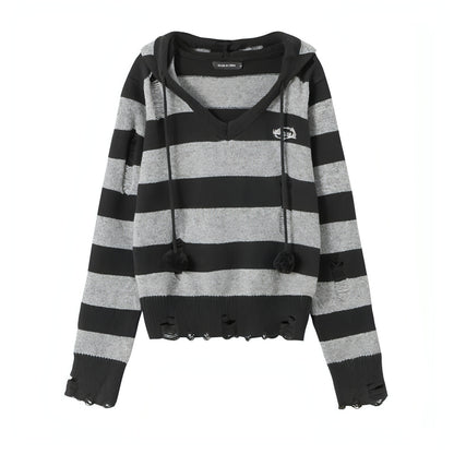 Autumn Hooded Sweater Women Contrast Stripe Thin