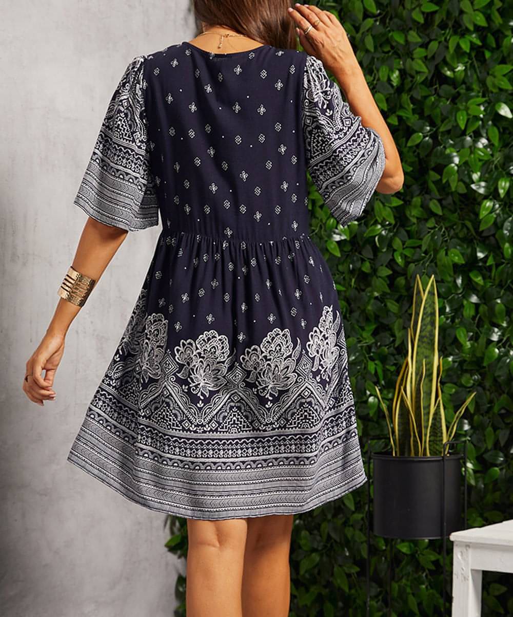 Summer Casual V-neck Printed Floral Holiday Bohemian Beach Dress