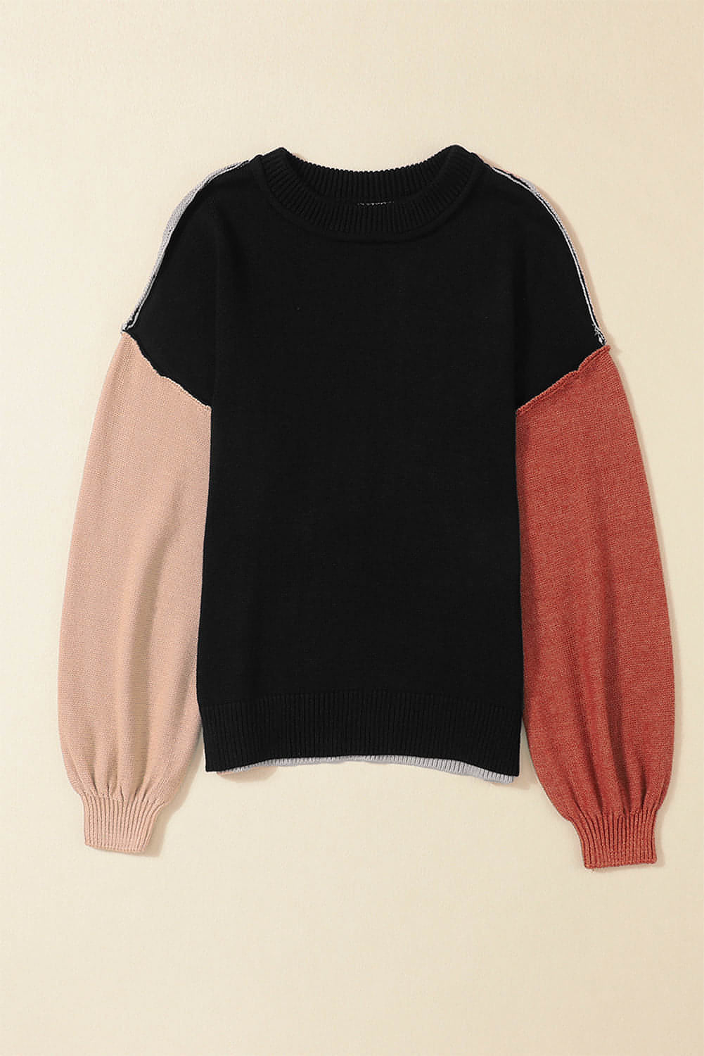 Schwarzer Colorblock-Pullover mit Bischofsärmeln und geripptem Saum