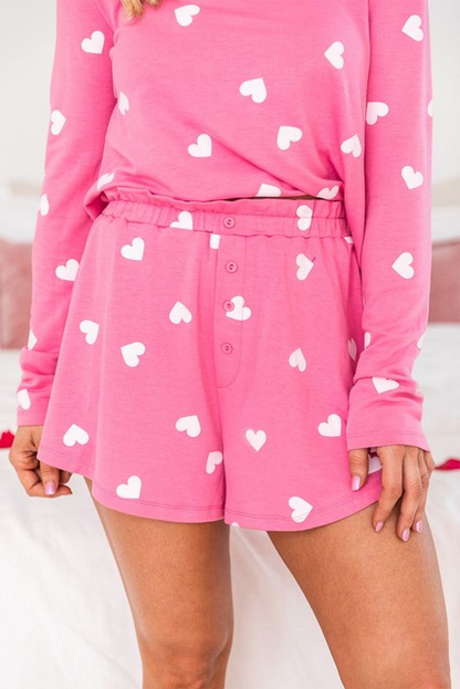 Roze Valentine Heart Print T -shirt en shorts lounge set met lange mouwen