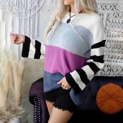 Striped Round Neck Long Sleeve Hit Color Casual Loose Sweater