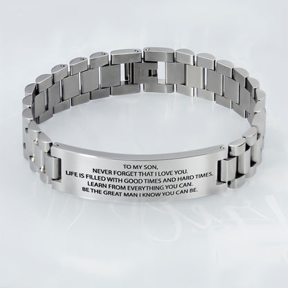 Men's Stainless Steel Black Strap Lettering Bracelet – Stylish & Durable