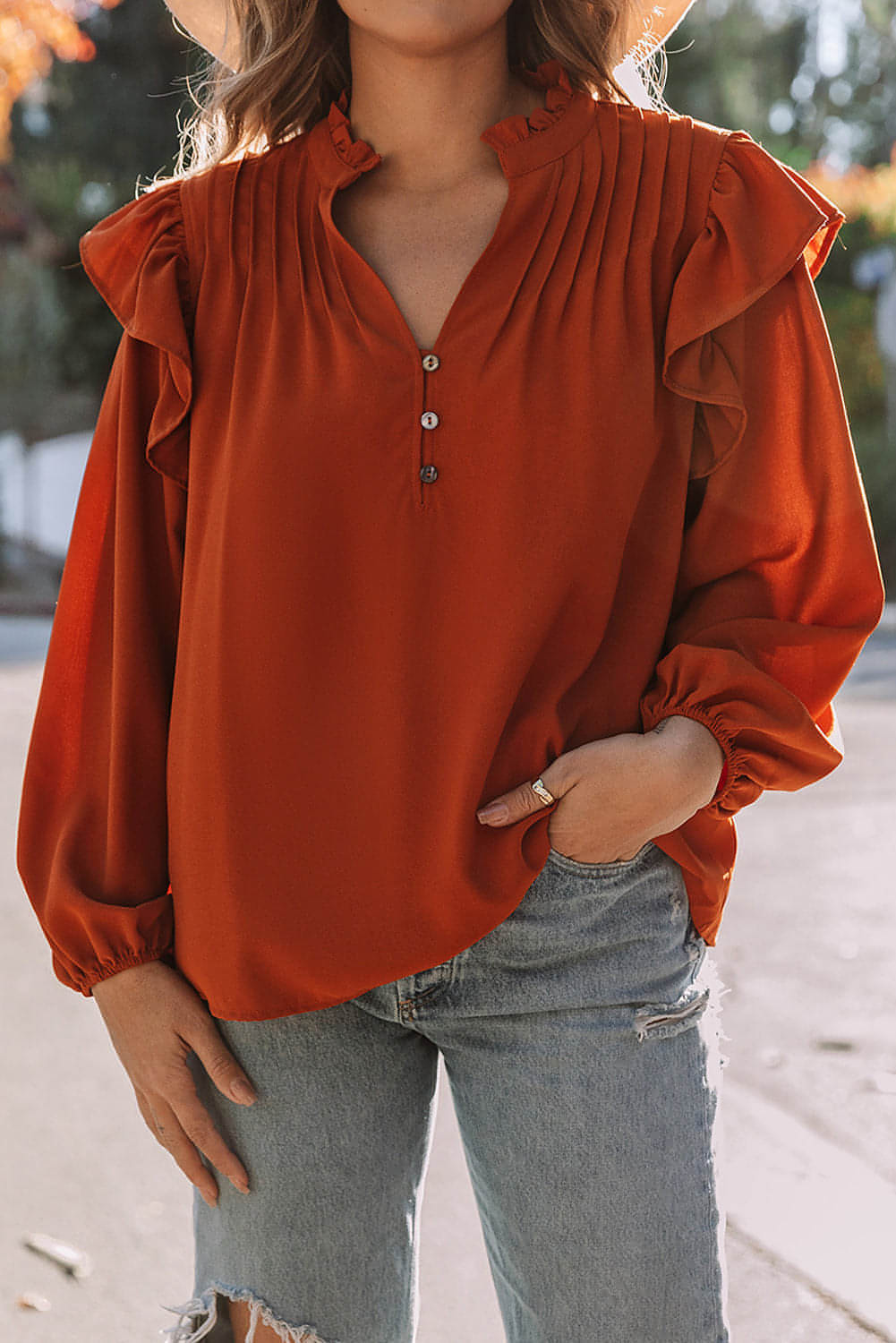 Orange Ruffled Pleated Buttoned V Neck Blouse