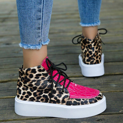 Autumn New High-top Leopard Print Flat-heeled Platform Lace Color Block Casual Women's Shoes