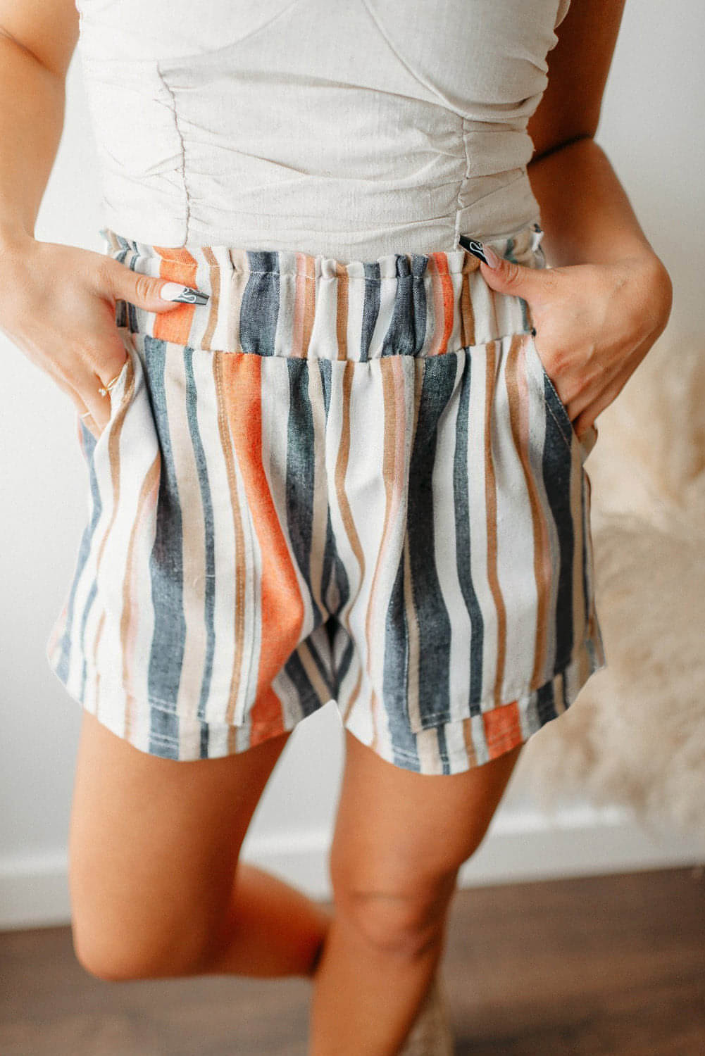 Stripe vintage gewassen elastische franje taille casual shorts