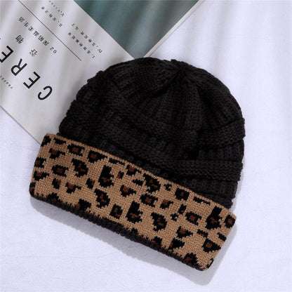 Ladies Autumn Winter Leopard Print Cuffed Acrylic Knitted Hat