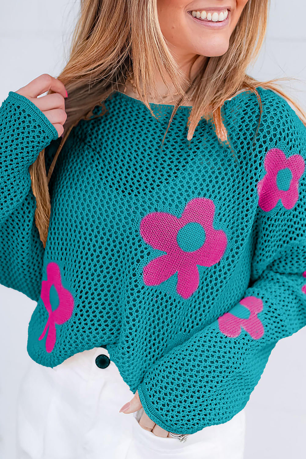 Maglione con spalle scese in maglia lavorata a fiore grande verde mare