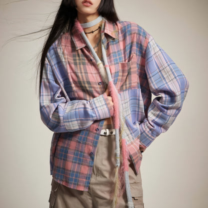 Spring Japanese Style Trend Plaid Stitching DressShirt Women