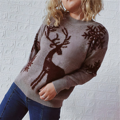 Women's Fashion Round Neck Long Sleeve Knitted Christmas Sweater