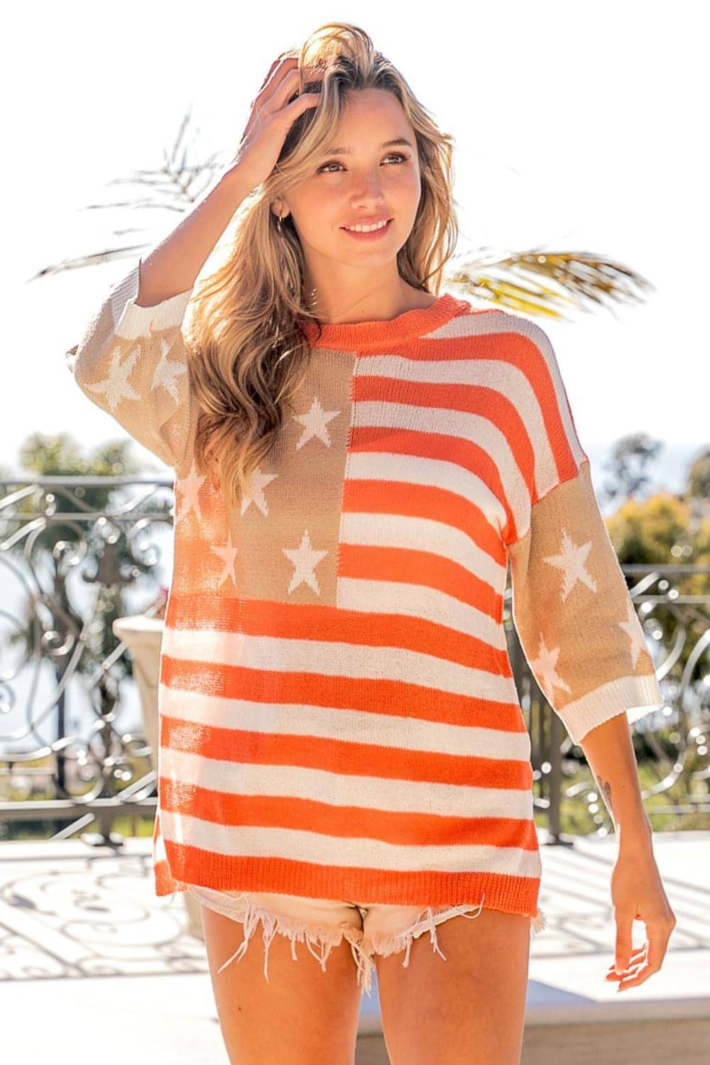 Bibi American Flag Round Neck Top Top