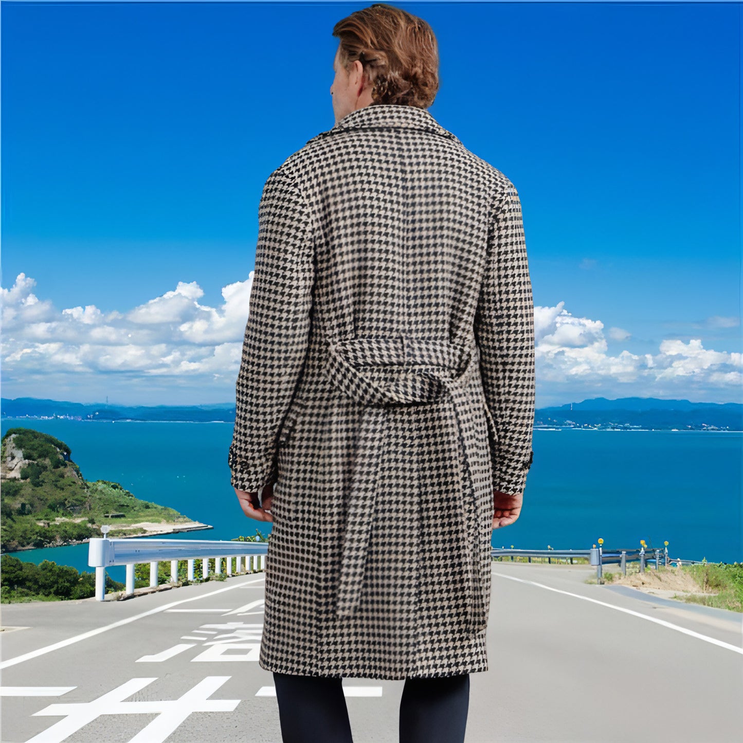 Men's Mid-length Woolen Trench Coat Houndstooth Quilted